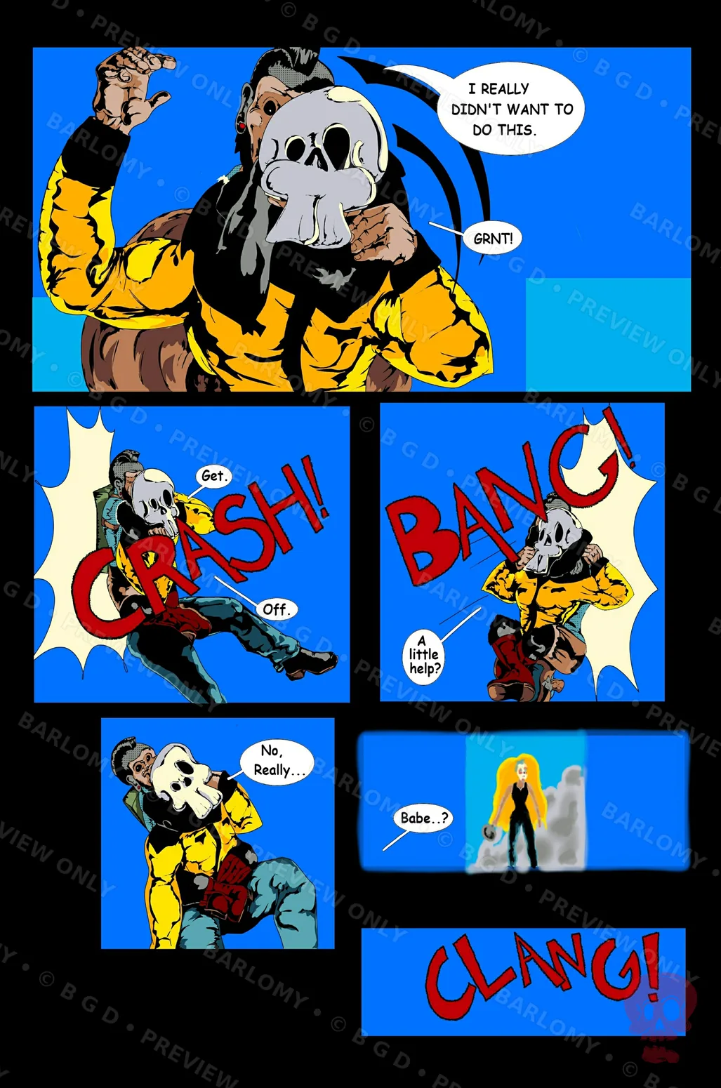 Interior page 10 from the Punk Chimp story: Cowboy is grabbed by the chimp in a brawl of CRASH and BANG panels while Lani appears through the smoke.