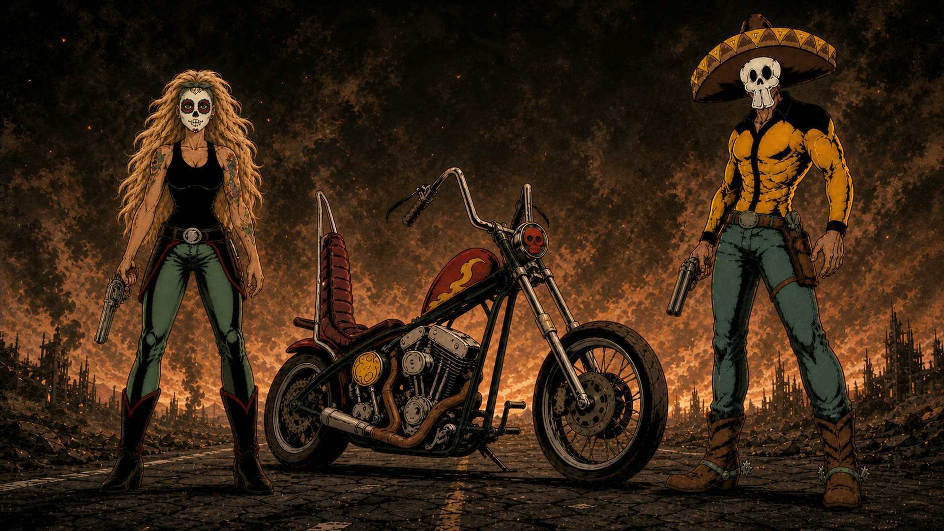 Lani and Cowboy standing either side of a chopper motorcycle on a cracked highway through a ruined desert city