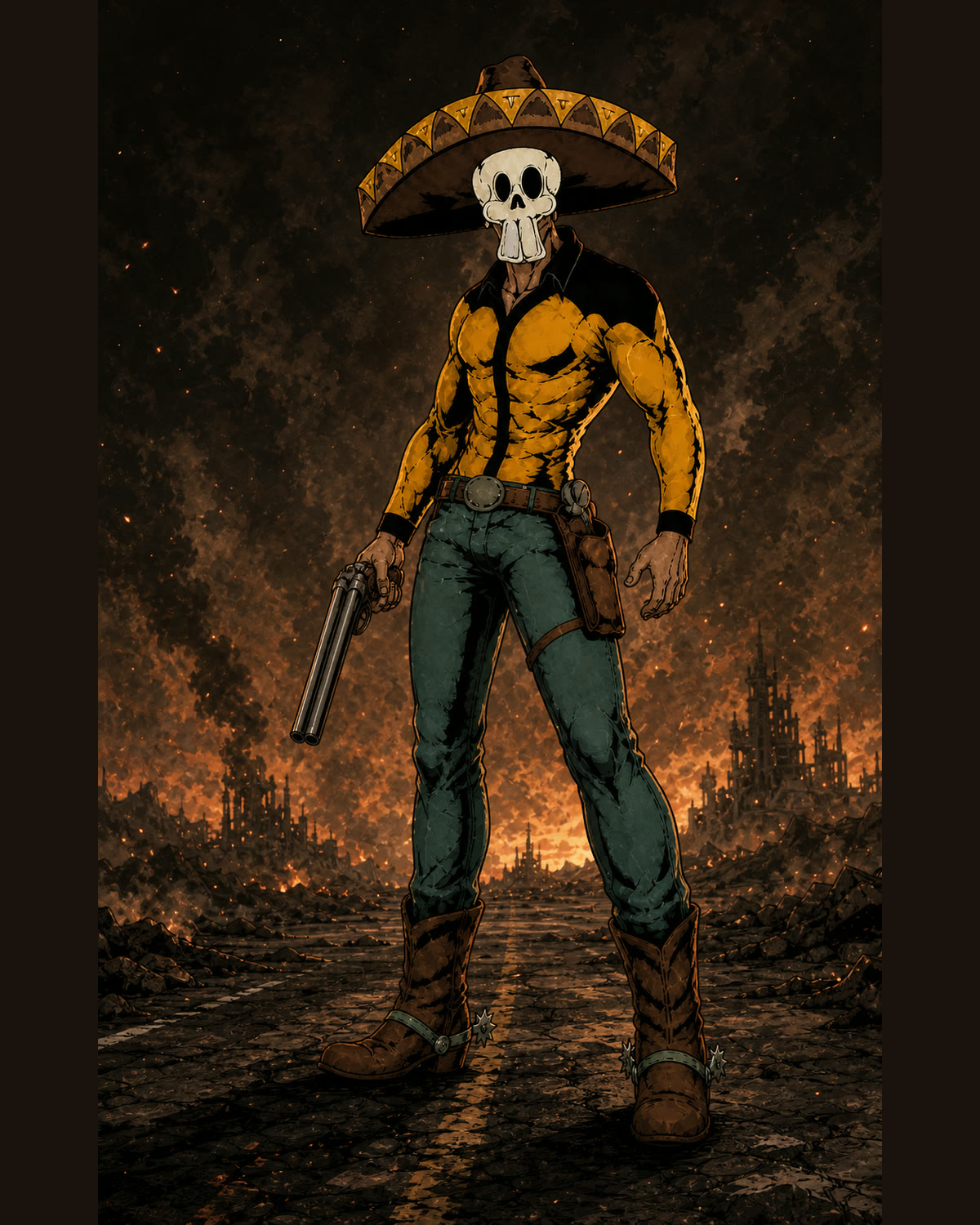 Cowboy standing in full figure — skull mask beneath a wide sombrero, yellow-and-black jacket, holding a compact double-barrel shotgun