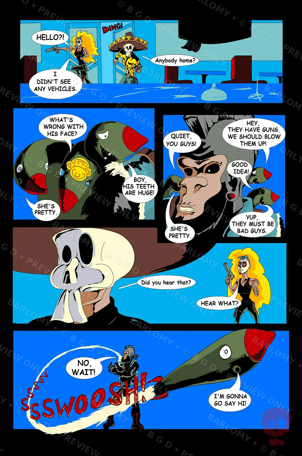 Interior page 05 from the Punk Chimp story: Lani and Cowboy enter a room with weapons drawn while talking missiles and a mohawked chimp argue about them.