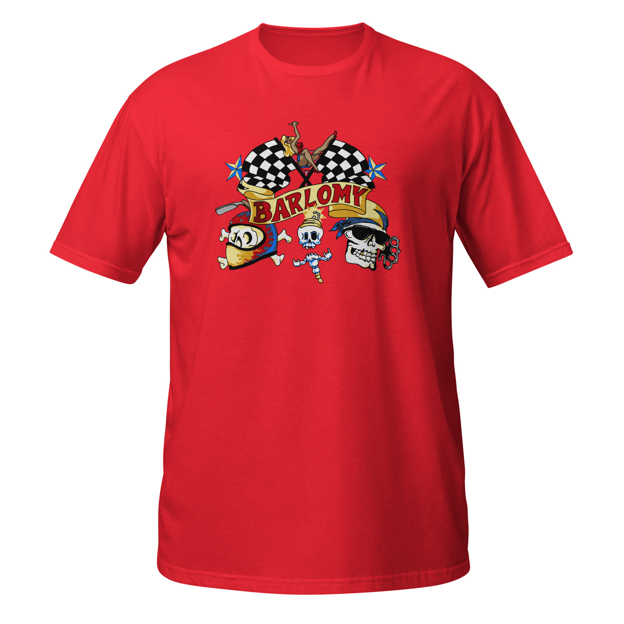 BARLOMY racing design on a red t-shirt