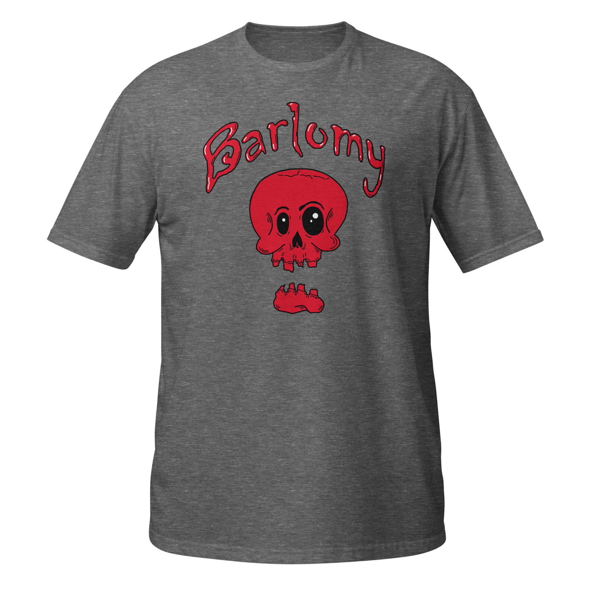 BARLOMY red skull design on a grey t-shirt