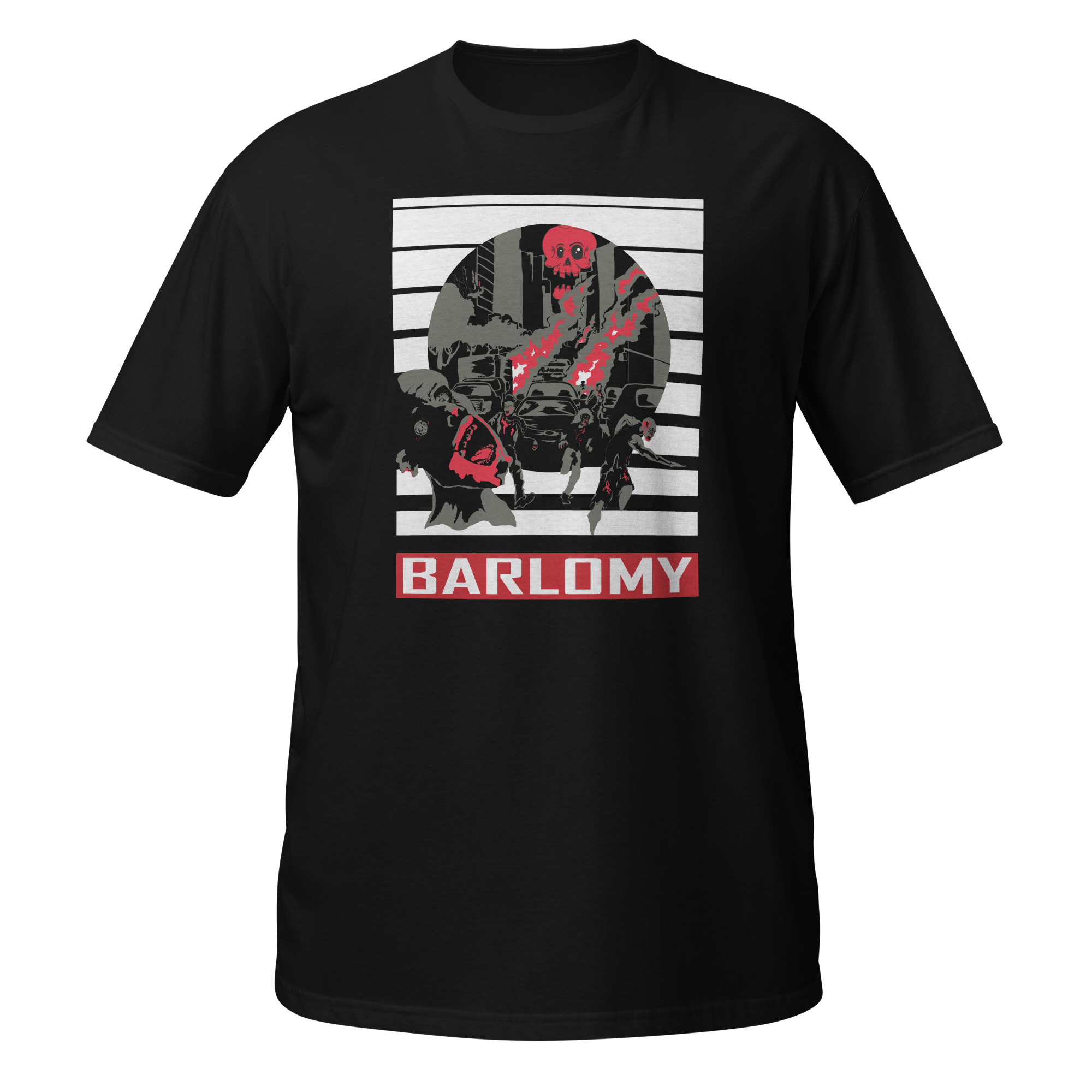 BARLOMY mugshot design on a black t-shirt