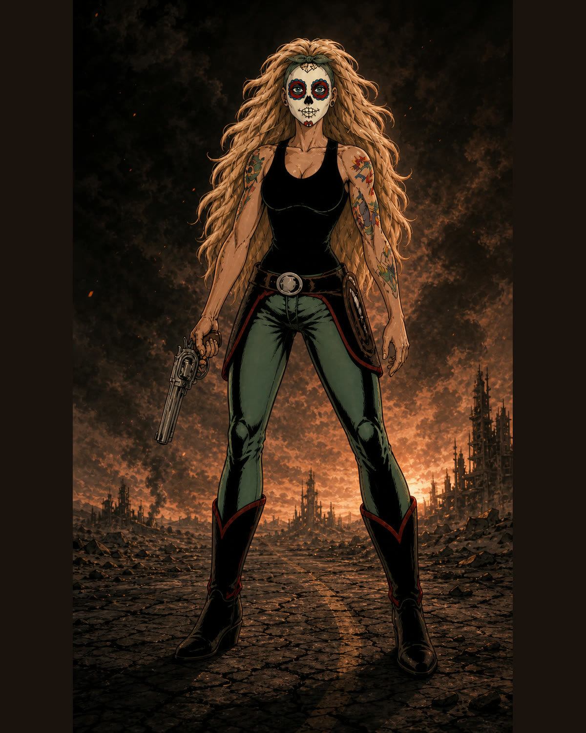Lani standing in full figure — long blonde hair, sugar-skull painted face, black tank top, green jeans, cowboy boots, revolver in her right hand