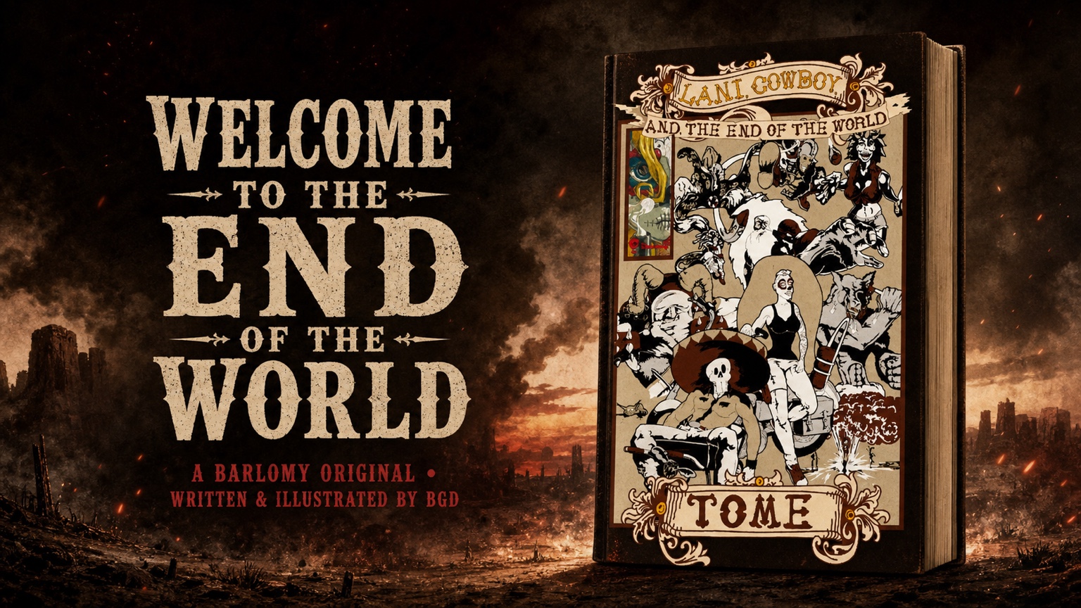 BARLOMY promotional artwork for Lani, Cowboy, and the End of the World. TOME — the illustrated hardcover-style book standing in a burning wasteland beside the words 'Welcome to the End of the World', credited as a BARLOMY original written and illustrated by BGD